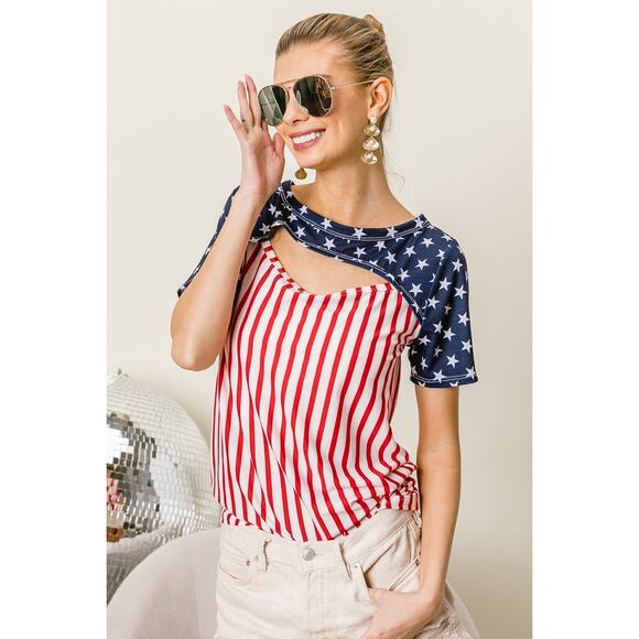 BiBi American Flag Theme Front Cut Out Short Sleeves Round Neck Top | Red Stripe - Picture 11 of 12